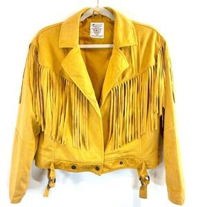 Fornia Fringed Blazer Jacket Women XS Crop Mustard Cowgirl Hippie Western Frayed